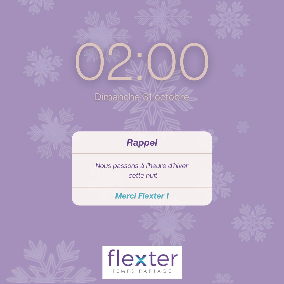 flexter_mkg's tweet photo. Chez Flexter le #temps, c'est une donnée qu'on maîtrise... surtout lorsqu'il est partagé ! Alors à toutes fins utiles, nous vous rappelons que dans la nuit du 30 au 31 octobre nous pourrons dormir une heure de plus !  😴 
 #tempspartage #heure #hiver https://t.co/ctzy3WB7YW