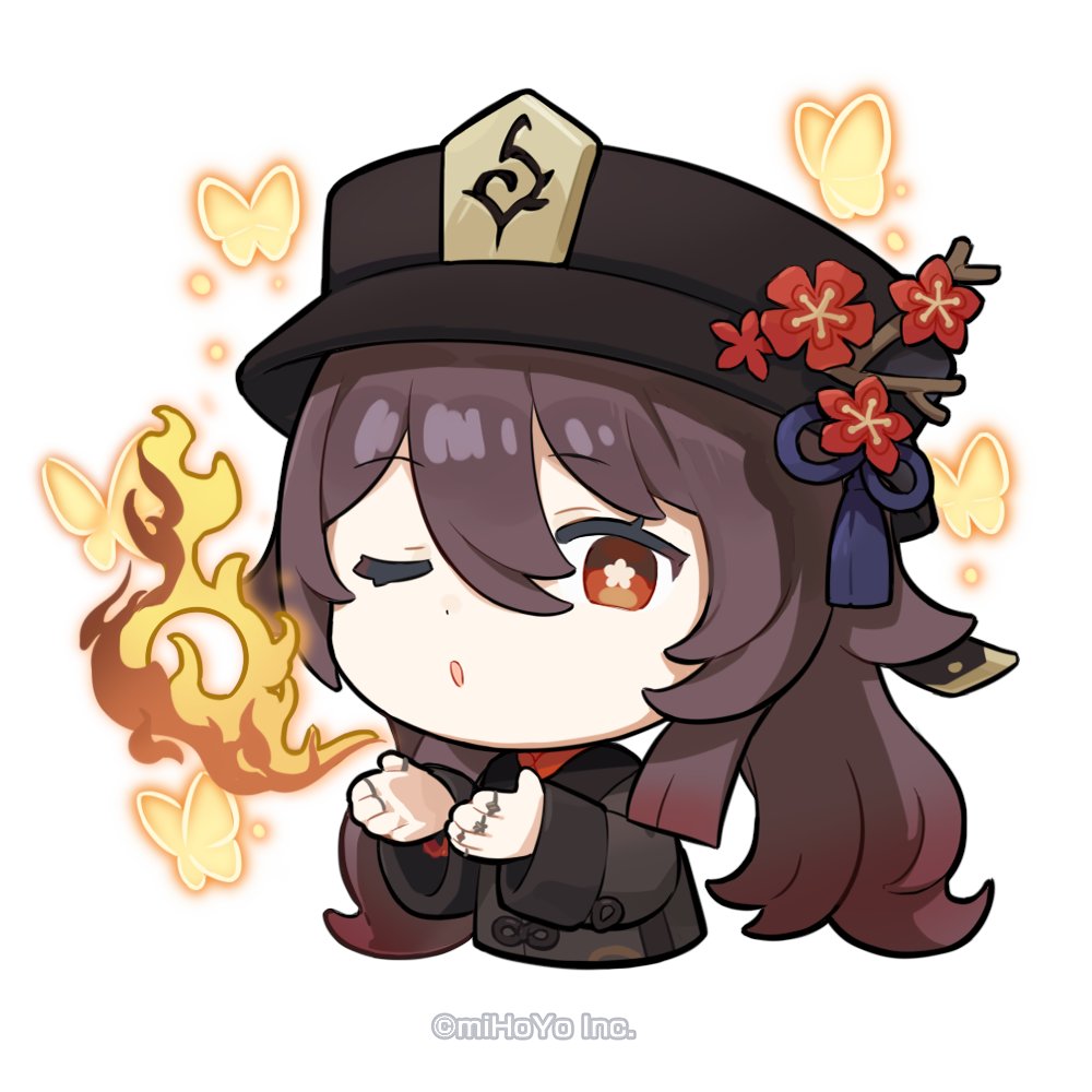 hu tao (genshin impact) hat 1girl brown hair chibi black shorts smile long hair  illustration images