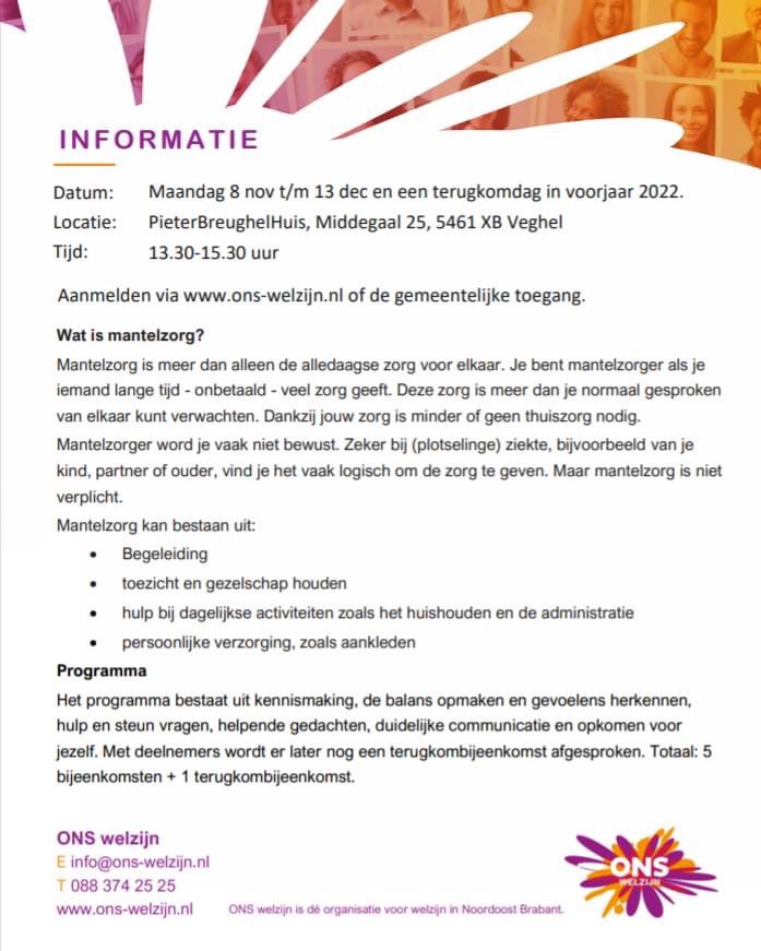 Ben jij als mantelzorger de zorg de baas? 

8 november start @ONSwelzijn de cursus “de zorg de baas”. Aanmelden kan via info@ons-welzijn.nl
#mantelzorg #zorgdebaas #24/7 #balans #nietvanzelfsprekend #somsisjebordjevol #goedzorgenvoorjezelf #endaarmeevoordeander