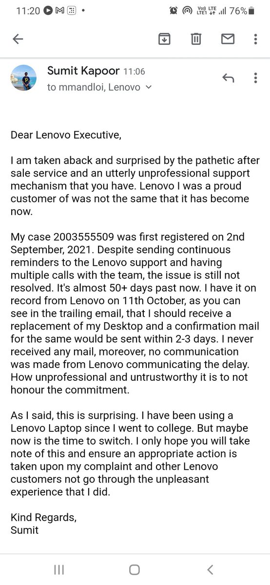 IamSumitKapoor's tweet photo. @Lenovo_in I think I have no other option but to take this public on @Twitter. This is due to an utterly pathetic after sale service. My case id 2003555509 is pending for past 50 days now. I am pretty sure thats much beyond the SLA. Please help
@skatyal1 @LenovoSupport @Lenovo https://t.co/1f17qsawuW