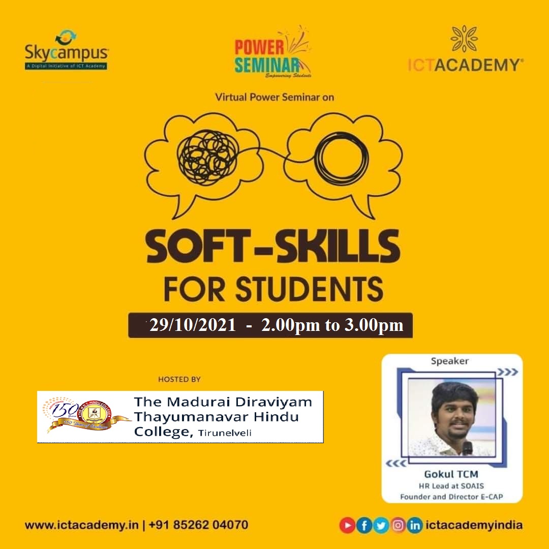 GokulTcm's tweet photo. Addressing the Students of MDT Hindu College, Tirunelveli on Soft Skills for Students.

Thanks for the Invite @ictacademyindia 

#ecap2020 #ecapofficial #employment #postpandemic #studentscommunity #ictacademy #servethepeople #studentopportunities #studentjob #careerawareness https://t.co/POqApsxkCP