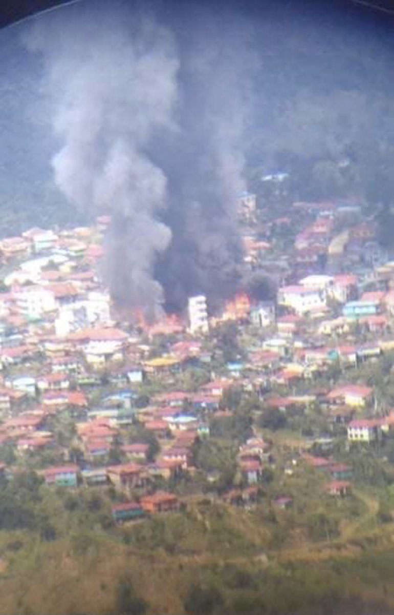 The junta forces fires rocket-propelled grenade in the middle of Thantlang Town, Chin State, causing massive fire. 
Since everyone is leaving the town, this might cause massive fire and destroying hundreds of homes. 

UPDATE:Eight homes have been completely destroyed by the fire.