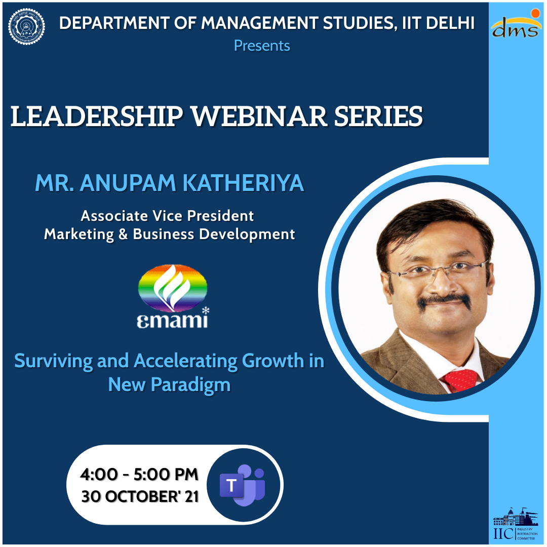 IIC_DMS_IITD's tweet photo. IIC @dmsiitd is delighted to host Mr. Anupam Katheriya as a part of our Leadership Webinar Series. He will be addressing students on the topic: "Surviving and accelerating growth in new paradigm."
#dmsiitd #IITD #whereDreaMScomestrue #leadership #webinar #iic #bschool https://t.co/M6vl6sZJUq