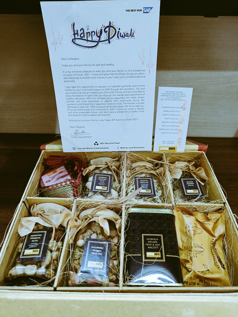 As this #boxofhappiness finally arrives, I'm #goingnuts😉.
This is one of the sweetest gestures of gratitude and celebration by <a href="/saplabsindia/">SAP LABS INDIA</a>

Happy Diwali <a href="/SAP/">SAP</a> family!
#festiveseason #diwaligift  <a href="/LifeatSAP/">Life at SAP</a> <a href="/sap4good/">SAP4Good</a>