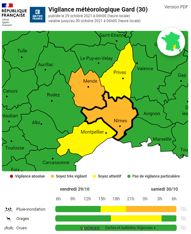 Gard's tweet photo. METEO 🌧 | Le Gard placé en vigilance orange Pluie-inondation. 
Un épisode cévenol est attendu entre vendredi soir et dimanche. Le maximum d'activité est attendu entre vendredi soir et samedi après-midi sur les #Cévennes.

Soyez vigilants!

#Gard #InondationsGard https://t.co/lePgdr9qWK