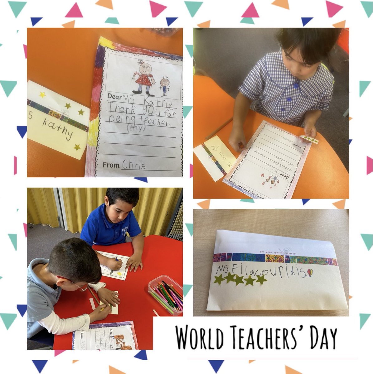 MsSSal_1's tweet photo. K Starfruit loved writing thank you letters to different teachers for World Teachers’ Day. It was even more fun sealing them in envelopes and delivering them in person as a nice surprise! https://t.co/FkI4QnMxjk
