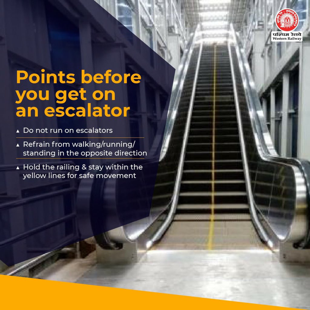 RailMinIndia's tweet photo. Be careful while using Escalator :

▪️Do not run on escalators.
▪️Refrain from walking in opposite direction
▪️ Hold the railing &amp; stay within the yellow lines https://t.co/HG4uV0ch2J