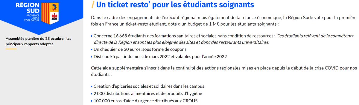 [Assemblée plénière du 28 octobre]
C'est voté ! Les étudiants des formations sanitaires et sociales bénéficieront en 2022 du dispositif #ticketresto de la Région Sud 👏👏