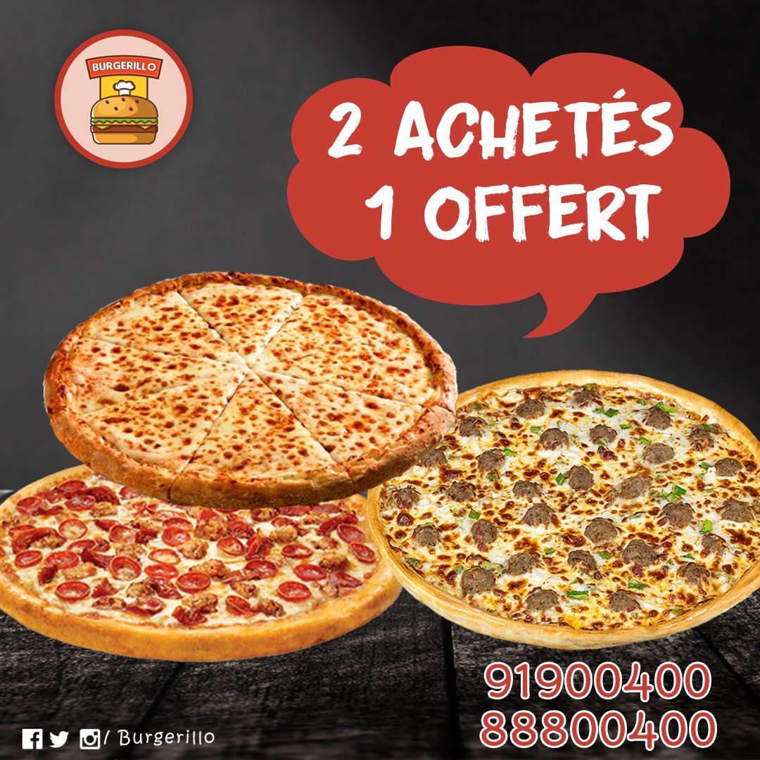 Burgerillo's tweet photo. super offre pour un super week-end .. acheter n'importe quel 2 pizza poulet ou boeuf et obtenez 1 pizza margarita gratuitement cette offre est valable de 12h00 à 19h00 vendredi samedi et dimanche https://t.co/NN9QnL6uBi