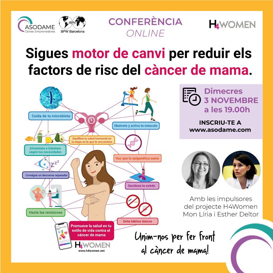 El 3 de novembre a les 19:00, <a href="/EstherDeltor/">Esther Deltor</a> i servidora fem una #conferència online sobre com reduir els factors de risc de patir #càncerdemama i com ho hem enfocat des del projecte <a href="/h4_women/">H4Women</a>. 

Organitza <a href="/asodame_bpw/">Asodame - BPW Barcelona</a> i és oberta a tothom. 

Inscripcions > forms.gle/r3S5hTKuR5XT13…