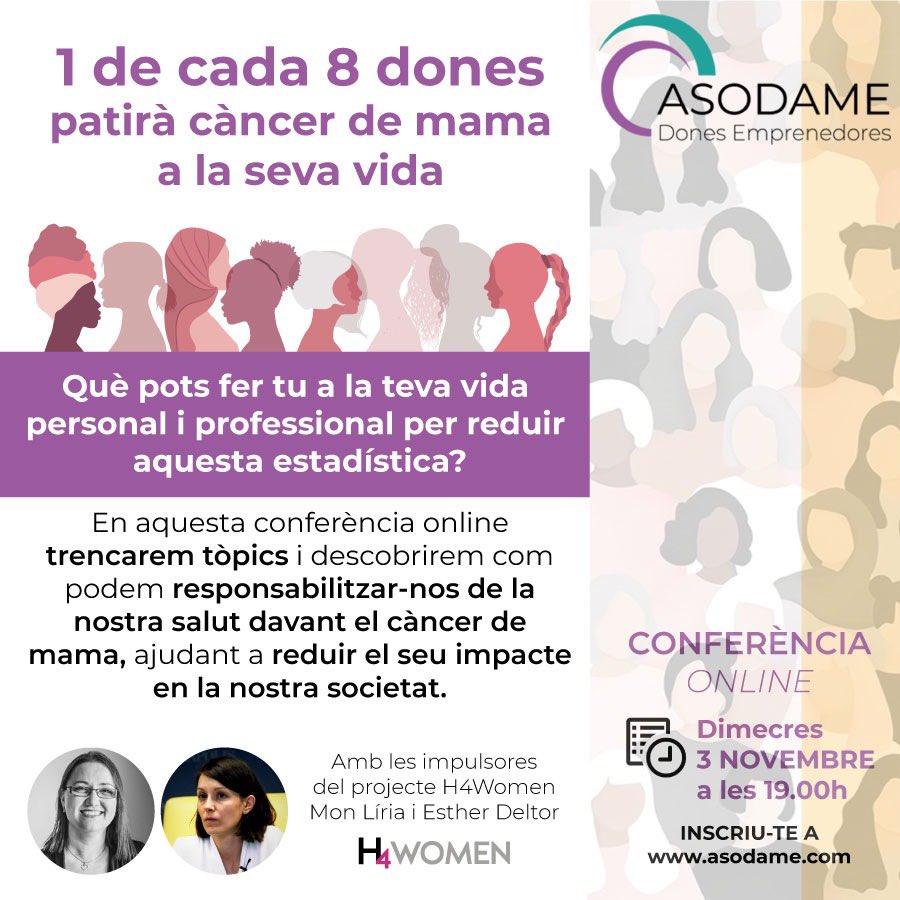 MonLiria's tweet photo. El 3 de novembre a les 19:00, @EstherDeltor i servidora fem una #conferència online sobre com reduir els factors de risc de patir #càncerdemama i com ho hem enfocat des del projecte @h4_women. 

Organitza @asodame_bpw i és oberta a tothom. 

Inscripcions > https://t.co/Jvrn5wmlF2 https://t.co/k1Zb2eEalQ