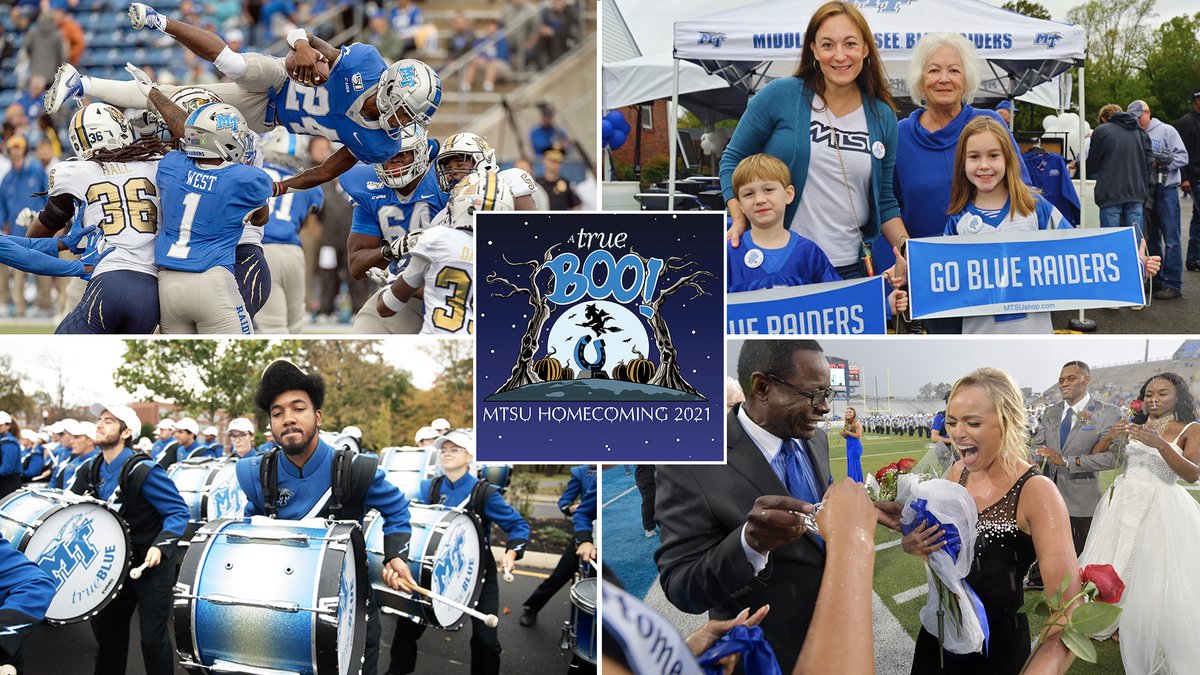MTSUNews's tweet image. Are y'all ready for #MTSU's big #TrueBoo weekend? We are! Come enjoy every last #TrueBlue moment of #Homecoming2021 today &amp;amp; Sat, 10/30, our 1st in-person since 2019! More info from @MTAlumni @  bit.ly/MTHomecomingWe…; be sure you're following @MTSUHomecoming, too! 💙👻🍁🏈⚡️🎉🎃