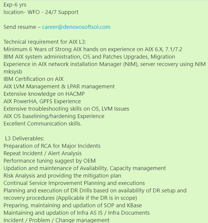 denovosoftsol's tweet photo. #denovojob #denovo
Skill-: AIX L3
Exp-6 yrs
location- WFO - 24/7 Support

Send resume – career@denovosoftsol.com
 #AIX #ibmaix #developer #technicalsolution #softwaredeveloper #developerjob #programming #programmingexperience # AIXnetwork #AIXOSbaselining #LPARmanagement https://t.co/ZkrBNhjgC1