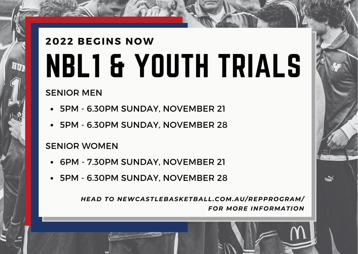 OPEN trials for Newcastle's 2022 senior representative squads, including our <a href="/NBL1East/">𝐍𝐁𝐋𝟏 𝐄𝐚𝐬𝐭</a> Men's and Women's teams, will be held at <a href="/NewyBasketball/">Newcastle Basketball</a> Stadium on Nov 21 &amp; 28. Head to our website for more information or to register: bit.ly/3EuNG2e
<a href="/NBL1/">NBL1</a> <a href="/NBL/">NBL</a> <a href="/BasketballNSW/">Basketball NSW</a>
