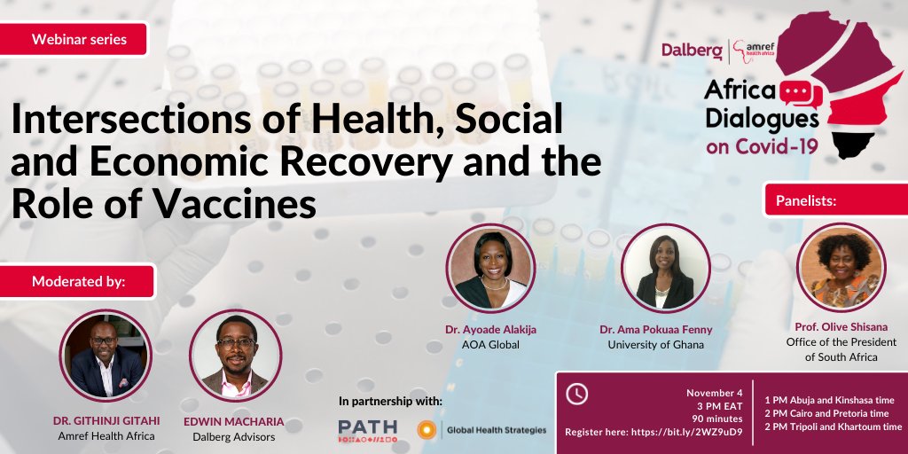 4 November - <a href="/Amref_Worldwide/">Amref Health Africa</a> &amp; <a href="/DalbergTweet/">Dalberg</a> co-host the #AfricaDialogues in partnership with <a href="/GHS/">Global Health Strategies</a> &amp; <a href="/PATHtweets/">PATH</a>. Join us for a discussion on effects of #Covid19 across the health, social &amp; economic sectors — &amp; lessons learned. Click here and register bit.ly/2WZ9uD9