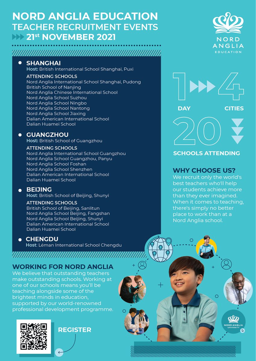 Nord Anglia Education China Region will be hosting Teacher Open Days in Shanghai, Beijing, Guangzhou and Chengdu on 21st November 2021. To join the event,  click the link lnkd.in/gZhN_F2d to register.