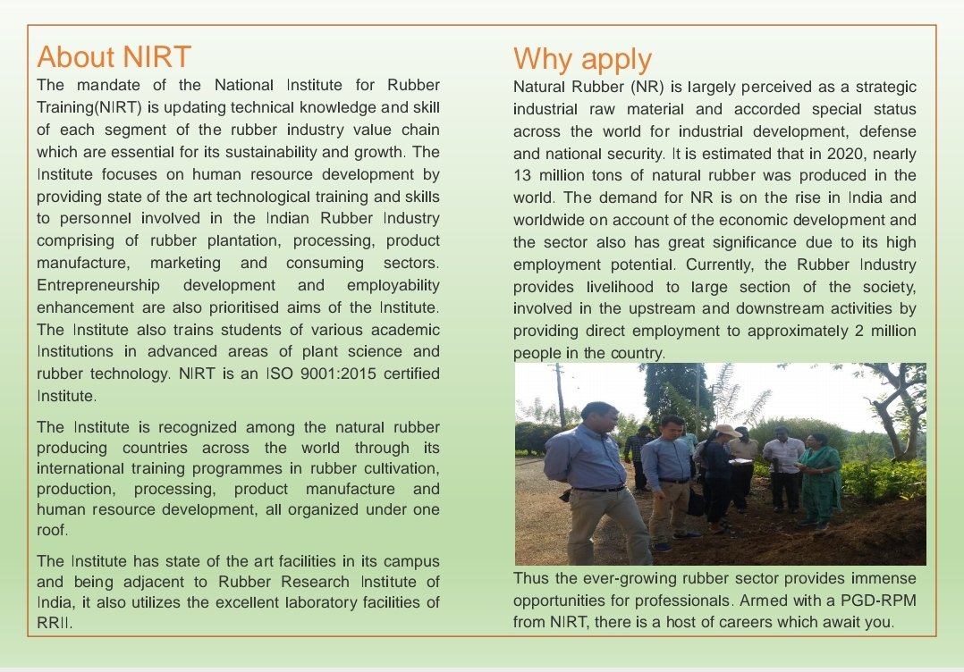 feedorgofficial's tweet image. National Institute for Rubber Training launches Post Graduate Diploma Course in Rubber Plantation Management (PGDRPM).

Link for application submission:
training.rubberboard.org.in/online/?SelCou… 

#rubberboard

#feed #feedexports #Feedstartupservices