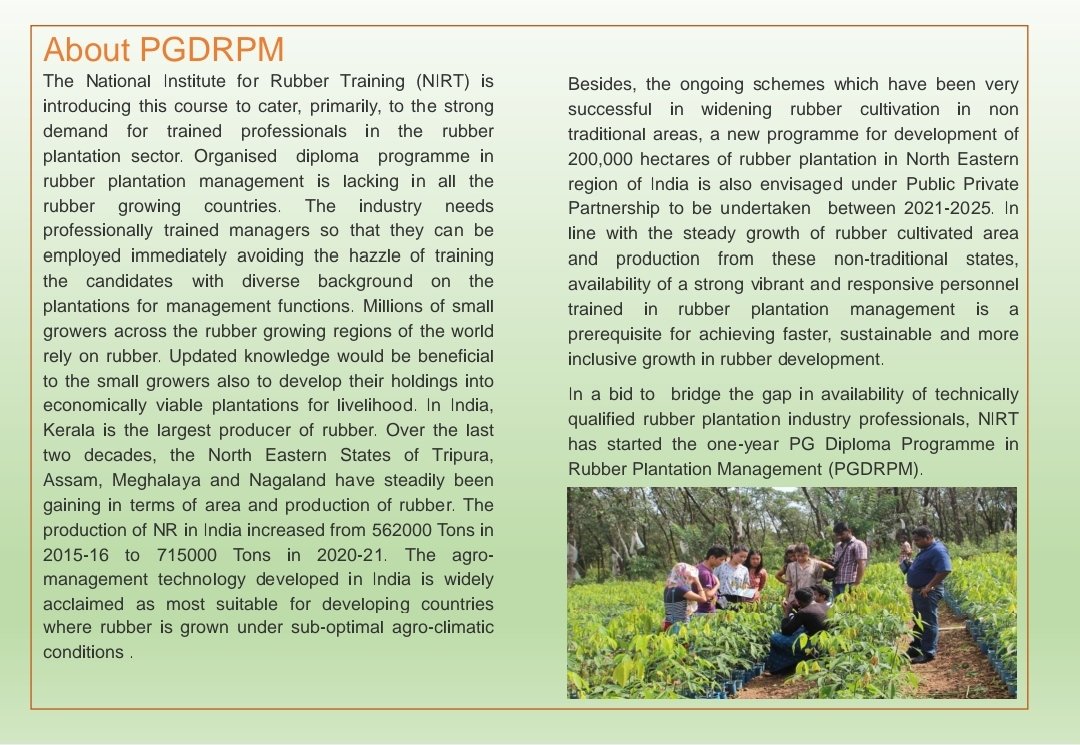 feedorgofficial's tweet image. National Institute for Rubber Training launches Post Graduate Diploma Course in Rubber Plantation Management (PGDRPM).

Link for application submission:
training.rubberboard.org.in/online/?SelCou… 

#rubberboard

#feed #feedexports #Feedstartupservices