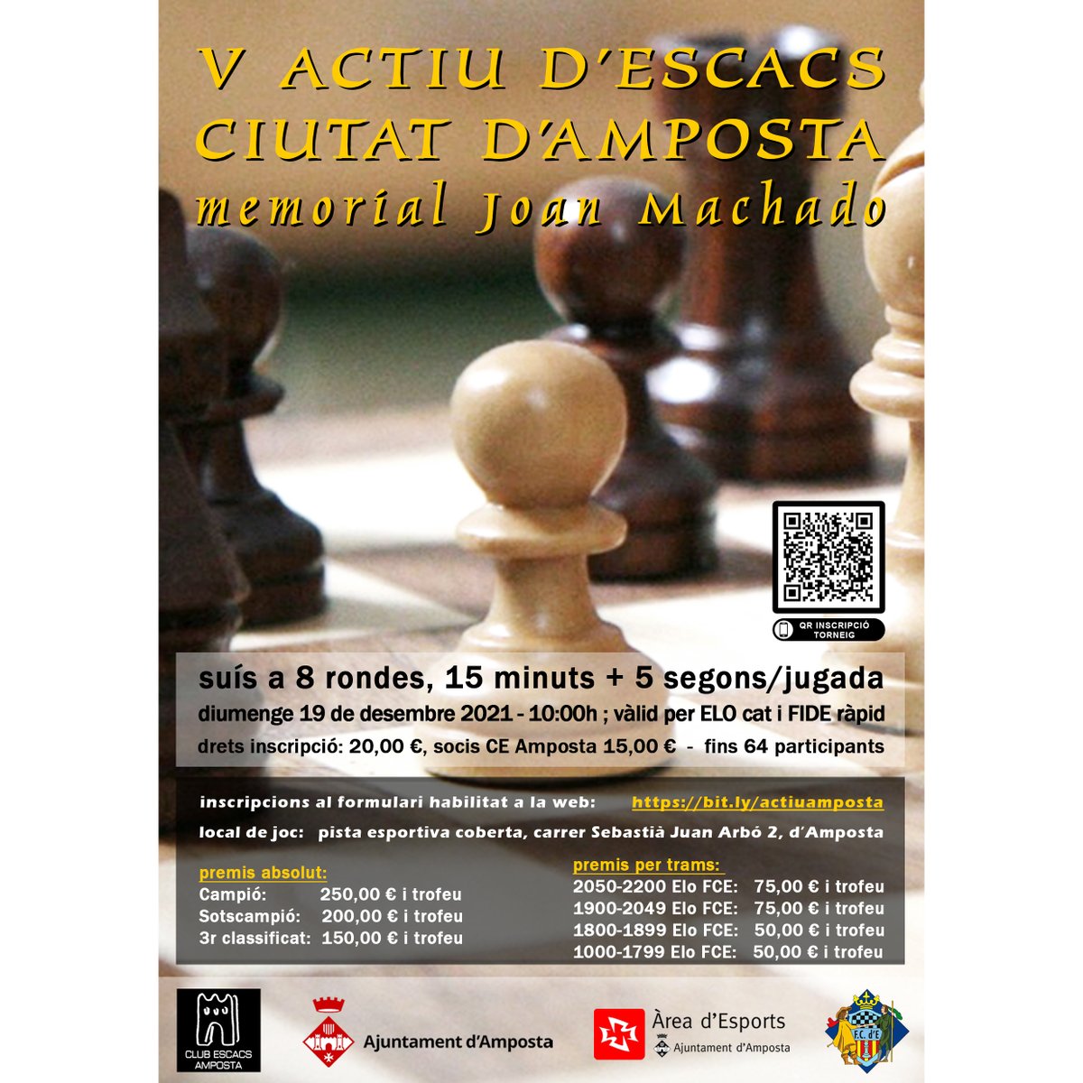 El proper 19 de desembre el <a href="/escacsamposta/">Club Escacs Amposta</a> organitza un actiu d'#escacs. 

Presentació del torneig: ➡ bit.ly/3blRSVS

Trobareu les bases a l'enllaç: 🏆 bit.ly/3fgawk1

I si esteu interessats inscriure-us, via el següent formulari: ♟ bit.ly/actiuamposta