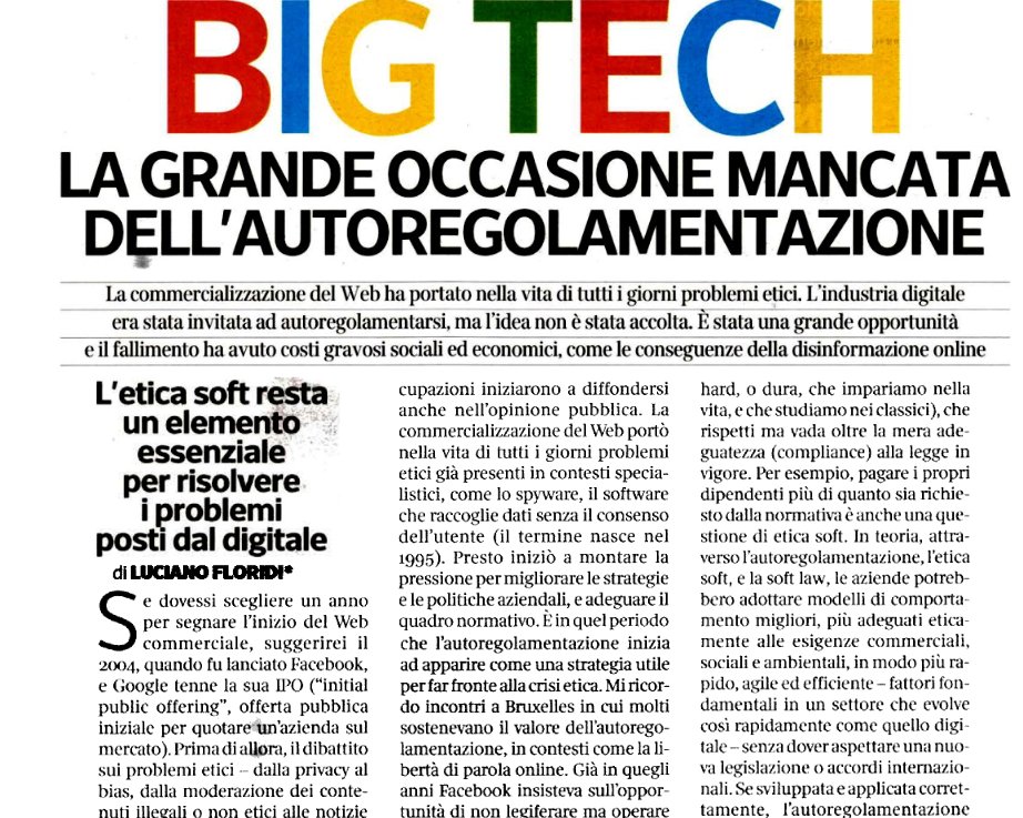 infocamere's tweet photo. L'etica soft elemento per risolvere i problemi posti dal #digitale

"#BigTech La grande occasione mancata dell'autoregolamentazione" @Floridi su @CorInnovazione 

#GDPR @sandrogozi @massimo_russo @giulicast @marcogy @chiru_daniela @fedebadaloni
@francescosacco @MichelaRoi https://t.co/zLOoH2zoBS