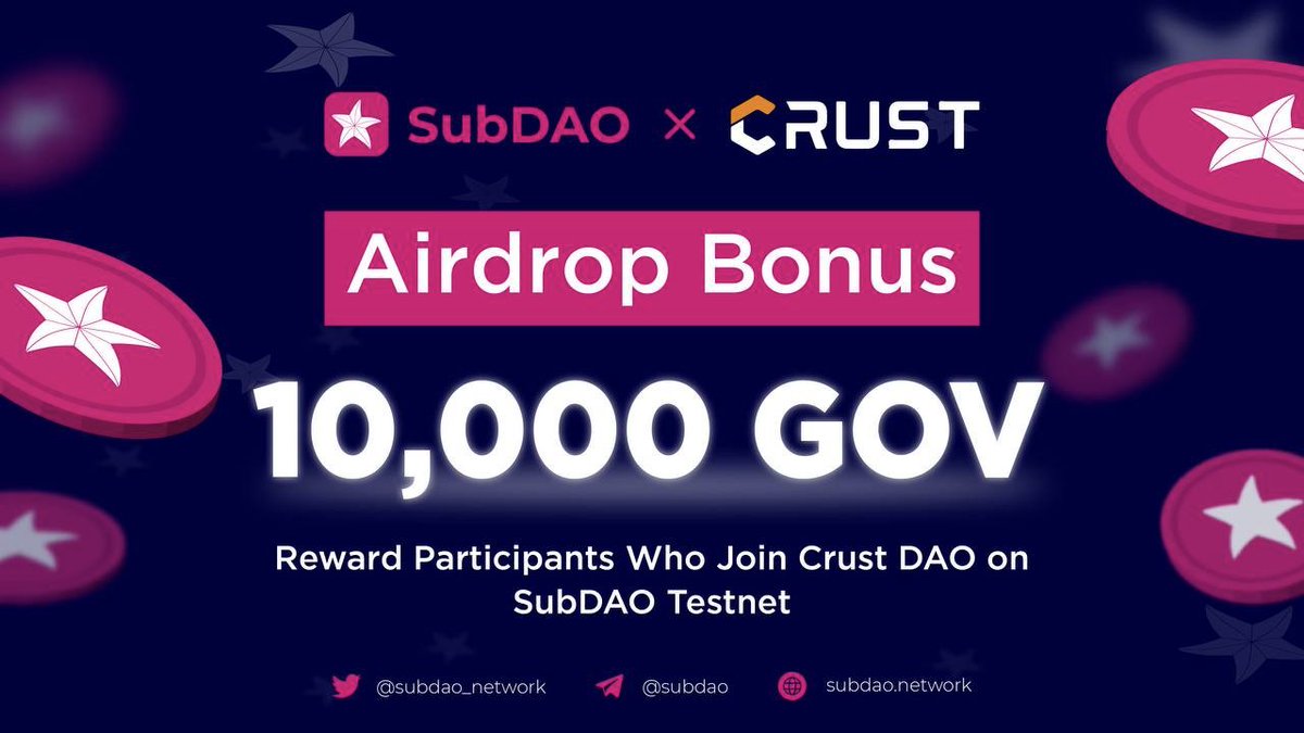 CrustNetwork's tweet photo. Crust has achieved strategic partnership with Polkadot DAO Infrastructure SubDAO.

As the SubDAO testnet has launched, Crust and SubDAO have launched a 10,000 $GOV airdrop!

All Crust users can join the Crust DAO and vote on Governance proposals on the SubDAO Testnet https://t.co/im5MIaWubE