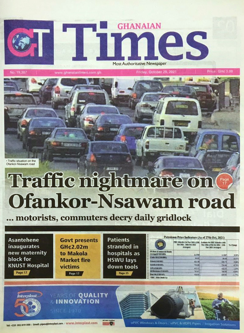 Citi973's tweet photo. Ghanaian Times: 

📰 Traffic nightmare on Ofankor-Nsawam road: motorists, commuters decry daily gridlock
📰 Asantehene inaugurates new maternity block for KNUST Hospital #CitiCBS https://t.co/JJsuKcBGD8