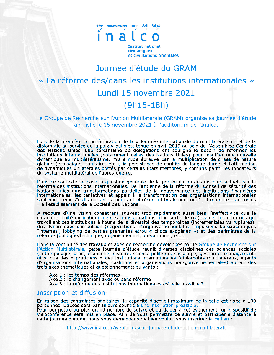 IREDIES's tweet image. Journée d'étude du GRAM, « La réforme des/dans les institutions internationales », Lundi 15 novembre 2021 (9h15-18h).
Programme : iredies.pantheonsorbonne.fr/evenements/ref…
L'inscription : inalco.fr/webform/seac-j…