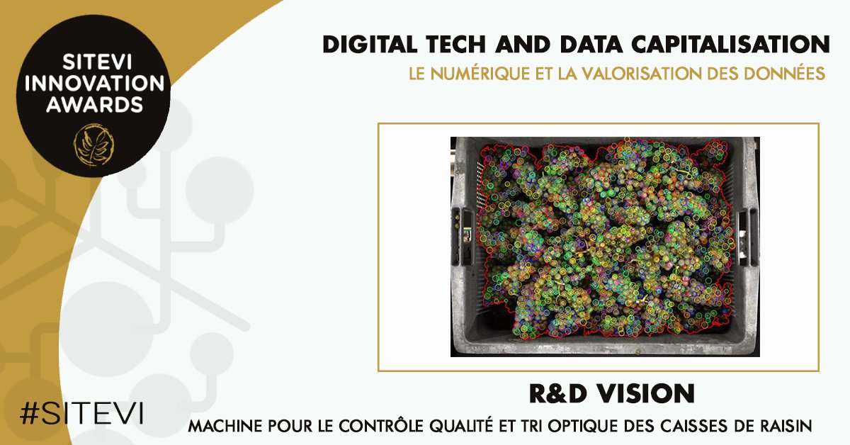 [#SITEVI Innovation Awards]

▪️ 8/31 : <a href="/RnDVision/">RDvision</a> avec Machine pour le contrôle qualité et tri optique des caisses de #raisin

📣 Système optique basé sur l'IA entièrement automatisé et paramétrable.

🇫🇷 Infos : bit.ly/SITEVIInnoAwar…
🇬🇧 Info: bit.ly/SITEVIInnoAwar…