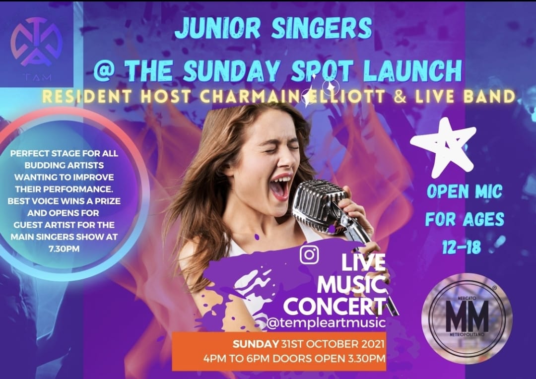 Parents if you have a budding star at home why not bring them to Junior Singers @ The Sunday Spot Launch @templeartmusic this Sunday 31st October. Prize and opportunity to open for me with live band at the main show for the best performance. Plus further development opportunity..