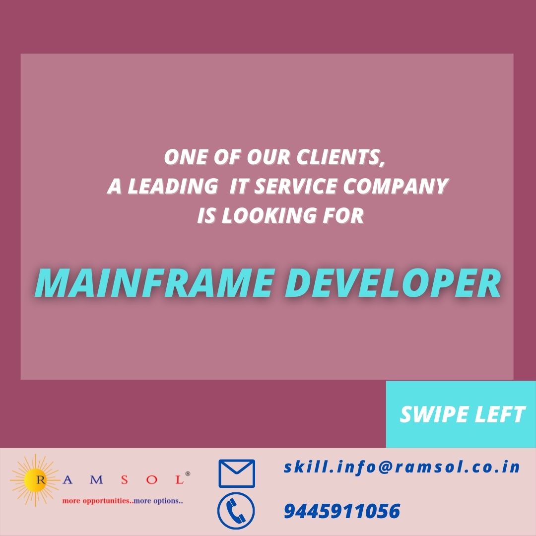 ramsolcorp's tweet image. Hiring for the role - Mainframe Developer 
#MainframeDeveloper #DeveloperJobs #DeveloperWorld #Jobsinindia #Jobs2021
 
Link : youtu.be/x-uiX_DDFwU