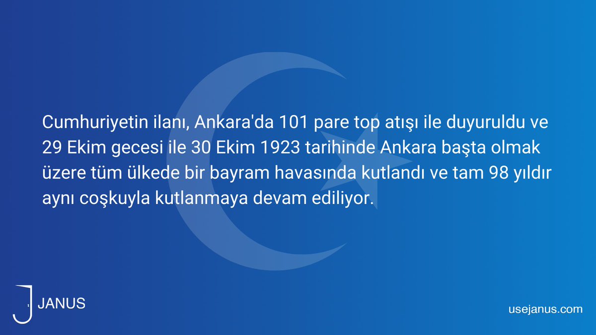 UseJanus's tweet photo. Cumhuriyetin ilanı, Ankara'da 101 pare top atışı ile duyuruldu ve 29 Ekim gecesi ile 30 Ekim 1923 tarihinde Ankara başta olmak üzere tüm ülkede bir bayram havasında kutlandı ve tam 98 yıldır aynı coşkuyla kutlanmaya devam ediliyor.

#29Ekim #29EkimCumhiyetBayramızkutluolsun https://t.co/g7nfD9NC7S