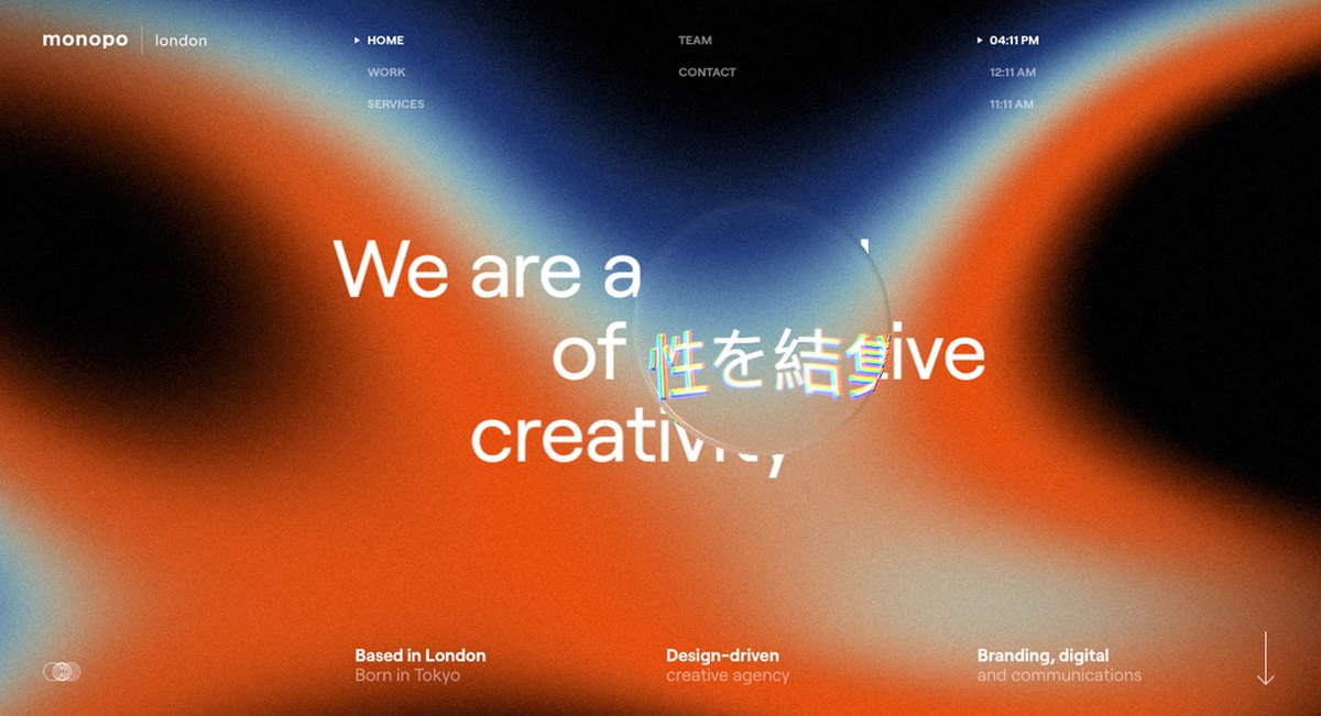 awwwards's tweet photo. monopo london by @monopo_jp &amp; @FlorentBiffi &amp; @damienmortini wins #SOTD &amp; #DEVAWARD

A design-driven creative agency working across branding, digital design and communications. Tokyo-born, London-based. Welcome to our world!

↳ https://t.co/1bCY4BCIzf #Portfolio #WebGL https://t.co/WrY5iodQb7