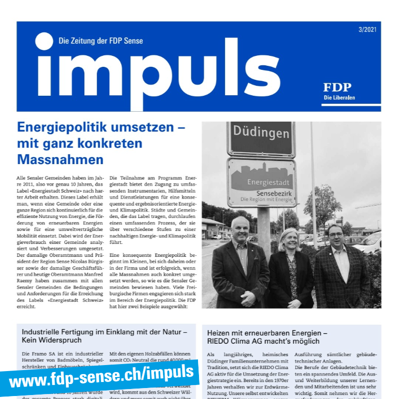 FdpSense's tweet photo. Der neue Impuls der FDP Sense war diese Woche in euren Briefkästen. Wir berichten über Energiepolitik, unsere Kandidierenden für die kantonalen Wahlen, den Cleanup Day und unseren neuen Präsidenten. https://t.co/xSSh0HKDGf https://t.co/AQzWNIBmUX