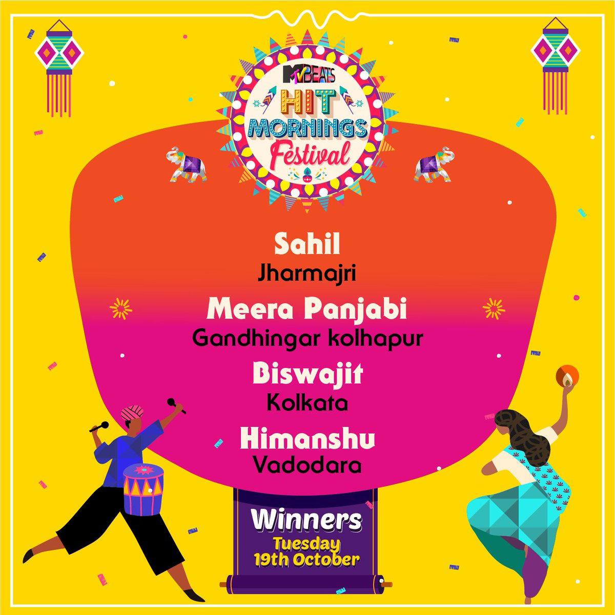 MTVBeats's tweet photo. Mubarak ho #HitMorningsFestival ke winners ko!
Keep participating, aur jeeto prizes daily only on #MTVBeats!
#Contest #Diwali #FestiveSeason #WatchnWin #BloodMeinHaiBeat https://t.co/nsvRkOKvRT