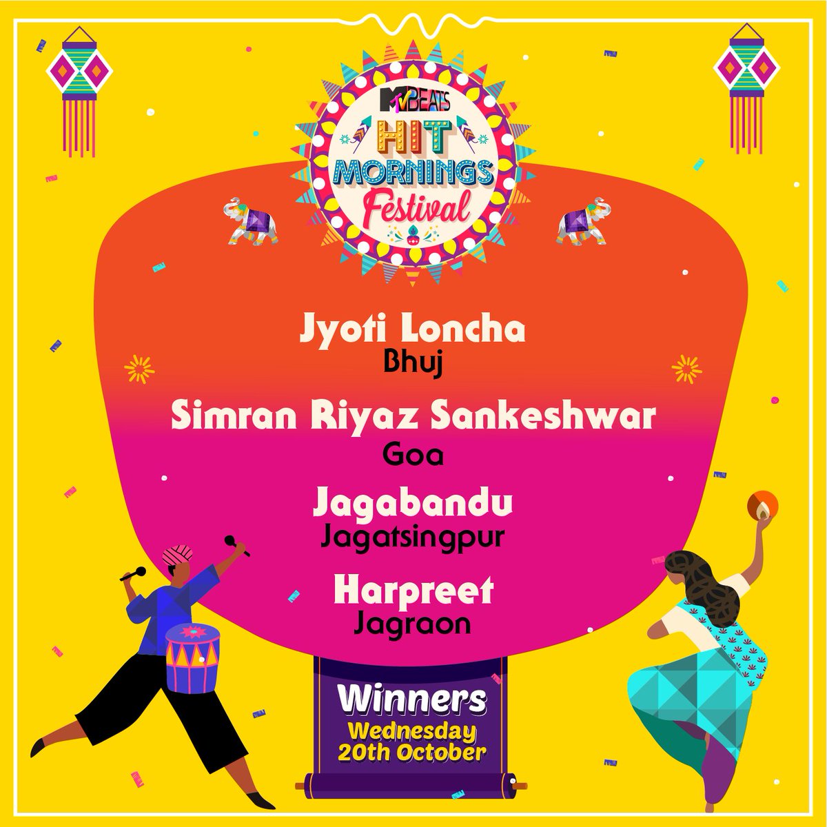 MTVBeats's tweet photo. Mubarak ho #HitMorningsFestival ke winners ko!
Keep participating, aur jeeto prizes daily only on #MTVBeats!
#Contest #Diwali #FestiveSeason #WatchnWin #BloodMeinHaiBeat https://t.co/nsvRkOKvRT