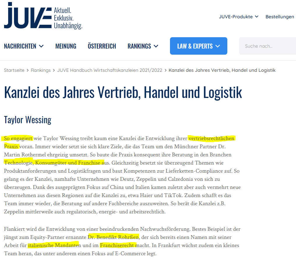 ben_rohrssen's tweet photo. @TaylorWessingDE named Law Firm of the Year for Distribution &amp; Franchise 2021/2022 by @juvenachrichten. Many thx to our excellent team! https://t.co/btaNt9n2Sf