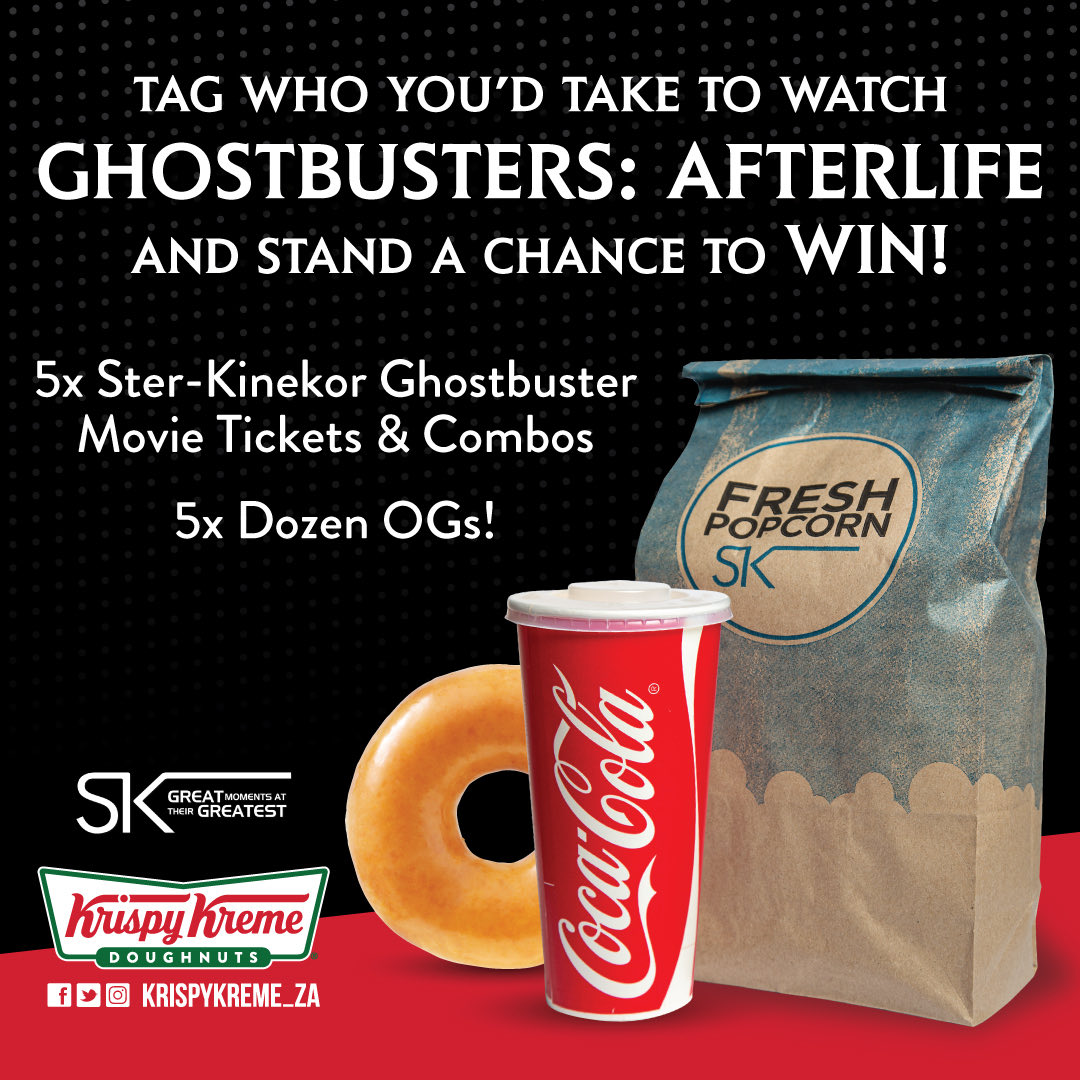 KrispyKreme_ZA's tweet photo. We want to know whom you would take to watch #Ghostbusters: Afterlife 👻

You stand a chance to WIN one of FIVE Double Ster-Kinekor Ghostbusters movie tickets and combos, as well as a dozen Krispy Kreme OGs 🍩 https://t.co/7b6167bqQh