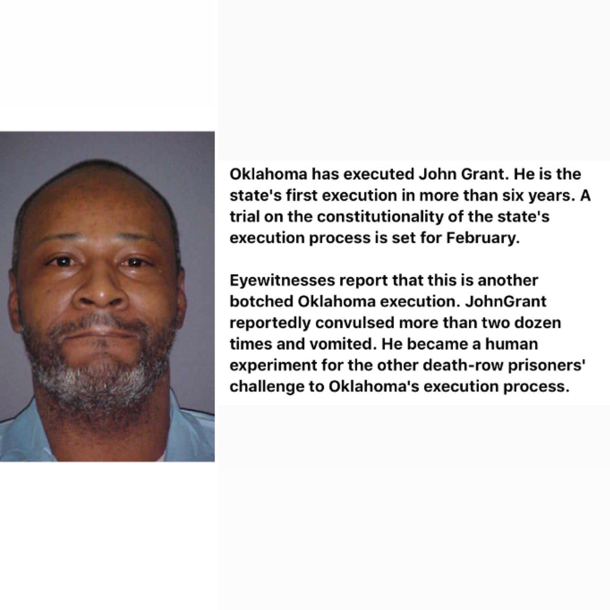 Attika_t's tweet image. #Oklahoma

Botched execution

John Grant on October 28th

Stop executions in Oklahoma.

Contact Gov Stitt.

Phone: (405) 521-2342.

governor.ok.gov/contact

@GovStitt 

Deaf and Blind Governor ? Read and listen, now @GovStitt 

#deathpenalty #botchedexecution #johngrant