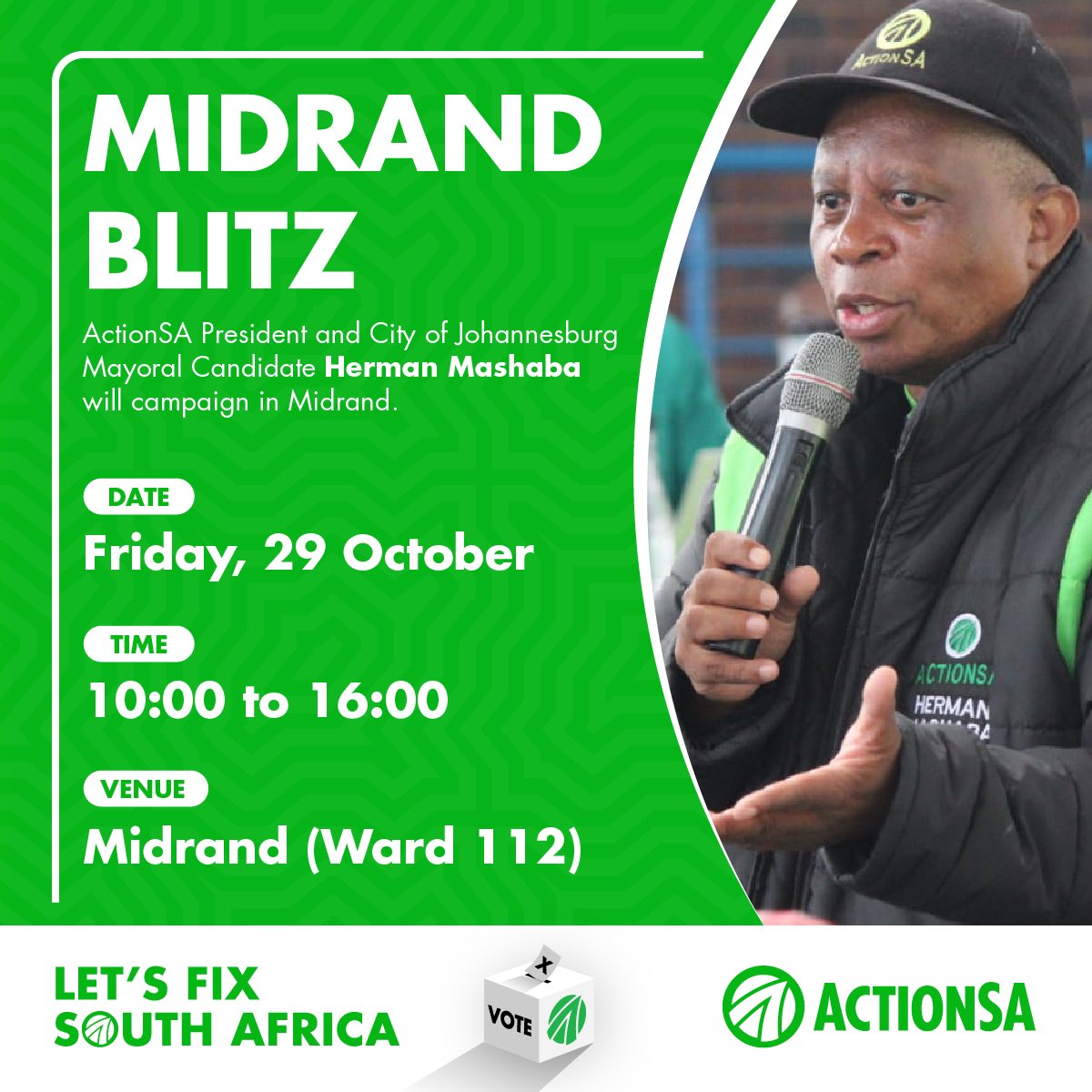 SabeloChalufu's tweet photo. Weโre in Midrand this morning with President @HermanMashaba
๐Carlswald Shopping Centre
#MashabaForMayor #LetsFixSouthAfrica https://t.co/Kbn3eICp6q