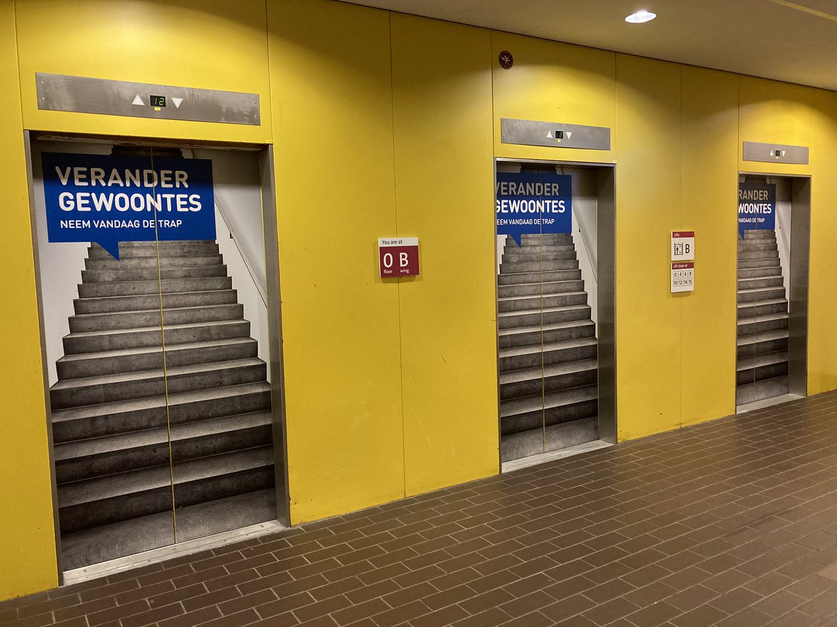 Ready for day 2 of #dfw2021 (the David Foster Wallace one NOT the Dutch Food Week). The @VUamsterdam is trying to #nudge me to take the stairs yet the #choicearchitecture is designed in a way that the elevators are way more easy to spot. Is this a failed nudge?