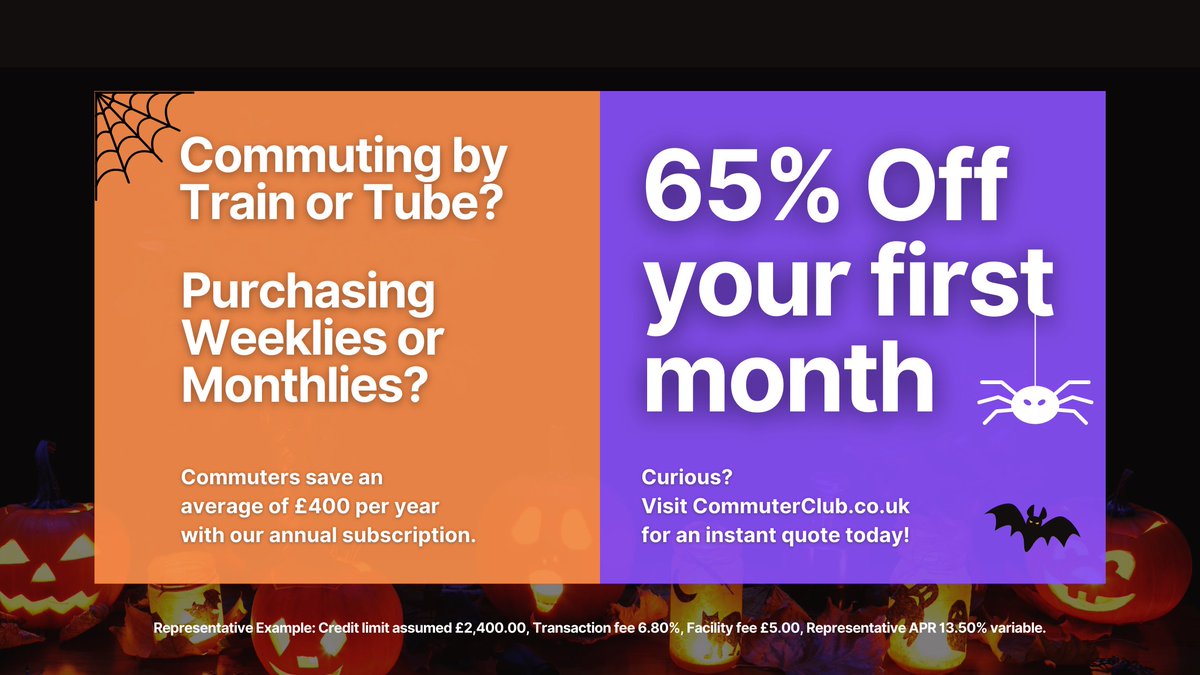 65% off your first month! 🎃
Offer ends 31st October 23:59 ⏳

Save compared to buying weeklies/monthlies 💷

Get an instant quote below👇
buff.ly/3vQWMU7

#Train #Tube #NationalRail #Halloween #London #UK #Commuting