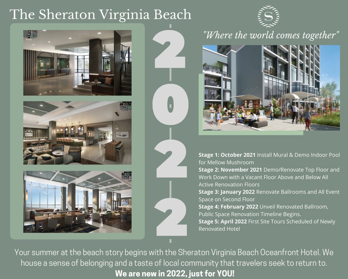 SheratonVBO's tweet image. Sheraton is pleased to announce our Rooms Renovation will officially begin Monday 11/1/2021!

 #ShaminHotels #Marriott #Sheraton #VirginiaBeach #mellowmushroom #renovation #new