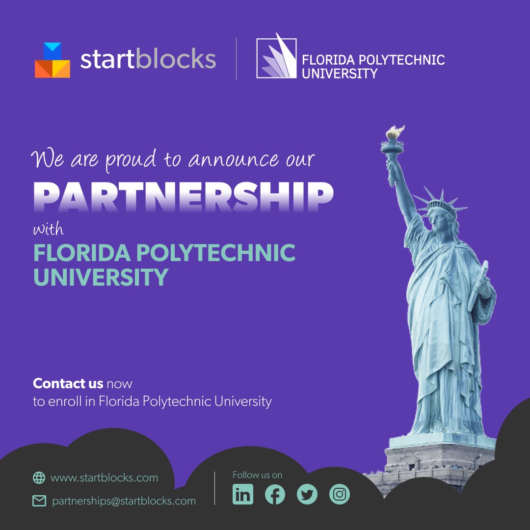 startblocks's tweet photo. Startblocks has formed a new partnership with Florida Polytehnic University!
It is an innovative new kind of public university—engineered from the ground up to push the boundaries of education in STEM.#startblocks #edtech #studentrecruitment #newedtech #highereducation #studyinus https://t.co/UAkt3dRO5T