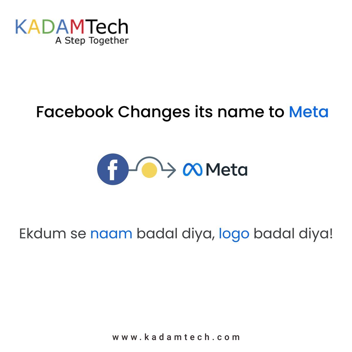 KadamTech1's tweet photo. Ekdum se naam badal diya, logo badal diya!🙃😂🙃...

Facebook is changing its name to Meta.

Swipe left to know about the products that will be owned by Meta verse.

#facebook #facebookmeta #facebookmetaverse #memes #memesdaily #KadamTech #asteptogether #moment #momentmarketing https://t.co/NPhkj3Ga7n