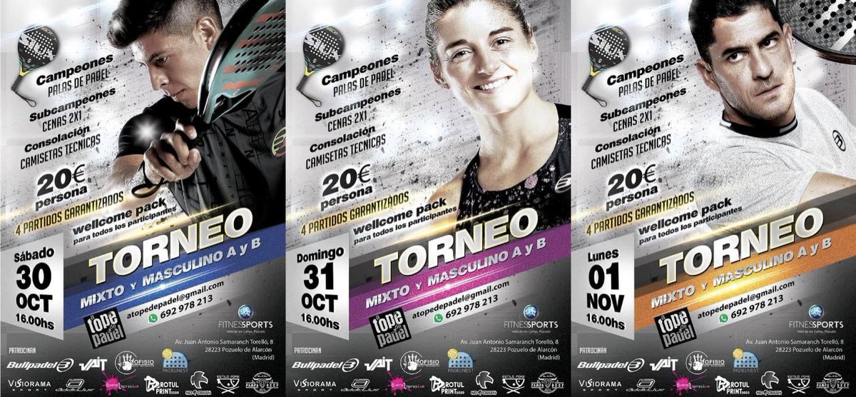 ATopeDePadel's tweet photo. Los 3 Torneos @ATopeDePadel de este puente serán en las pistas cubiertas del Valle de las Cañas (Pozuelo)🏆 Sábado 30/10 16hs: https://t.co/fQuKLexNMF
🏆 Domingo 31/10 16hs: https://t.co/cRoxck6JVK
🏆 Lunes 1/11 16hs: https://t.co/eZmpQMTWDP

🎾 A Tope de Padel 692978213 🎾 https://t.co/QbH98LQsZF