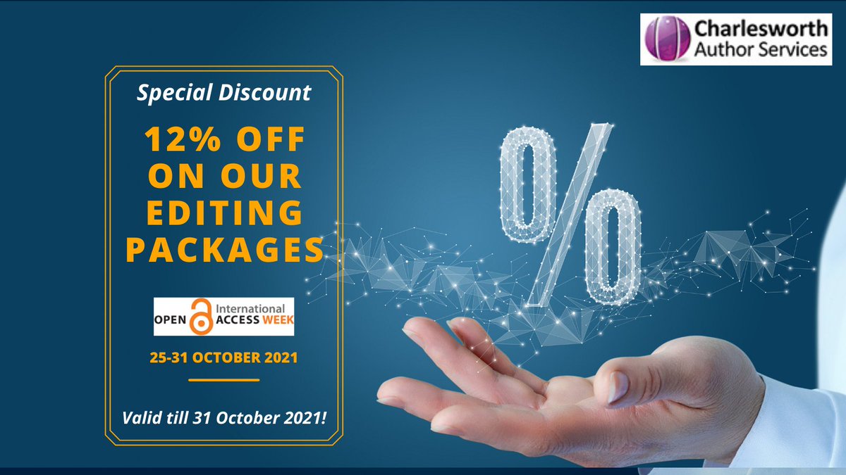 CWGAuthors's tweet photo. Special discount on all our #EnglishEditing Packages for #OpenAccessWeek2021! Valid till 31 October!
View services / Use discount here. π https://t.co/YbDW1MylHb
#OAW21 #OpenAccess #ecrDev #AcWri #academicTwitter #sciTwitter #STEMTwitter https://t.co/oKWmNGWBsr