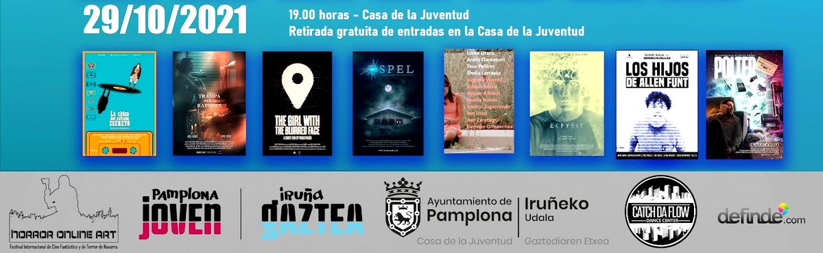 ¡Esta tarde! 
5ª sesión del festival con los cortometrajes The Girl with the Blurred Face, La chica del extraño secreto, Polter, Trampa para ratones, Ospel, Cavewomen, Ecdysis y Los hijos de Allen Funt.
A las 19.00 horas en la Casa de la Juventud de #Pamplona con entrada libre.