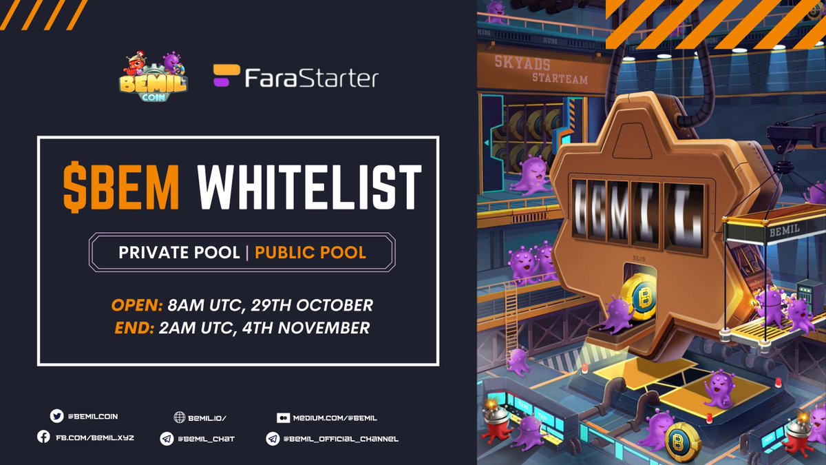 👉OPEN WHITELIST FOR $BEM PRIVATE AND PUBLIC POOLS

📍Whitelist Opening: 8 AM UTC, 29th Oct
📍Whitelist Closing: 2 AM UTC, 4th Nov

🎉Stay tuned and get ready guys!! 

Check the full details here: link.medium.com/qVzKdr1bKkb

#BEMIL #BEMILBECHILL #BEM