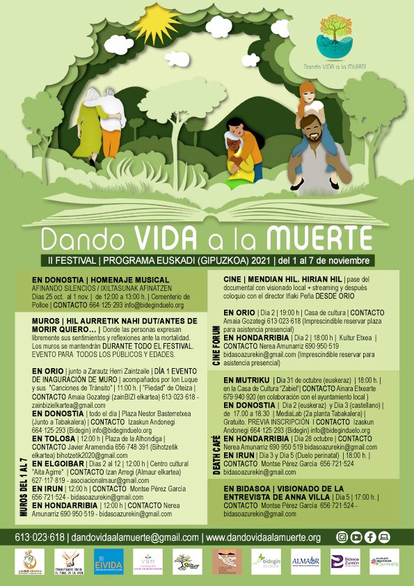 COEGIenfermeria's tweet photo. 👉Gipuzkoa acoge del 1 al 7 de noviembre la II Edición del Festival #DandoVidaalaMuerte con el objetivo de animar a la ciudadanía a compartir espacios para hablar sobre la muerte, la pérdida, el duelo y el proceso de morir. #bidegin @DSSLagunkoia @Ayto_SS 
Participa y comparte⬇️ https://t.co/mE2EgYApmV