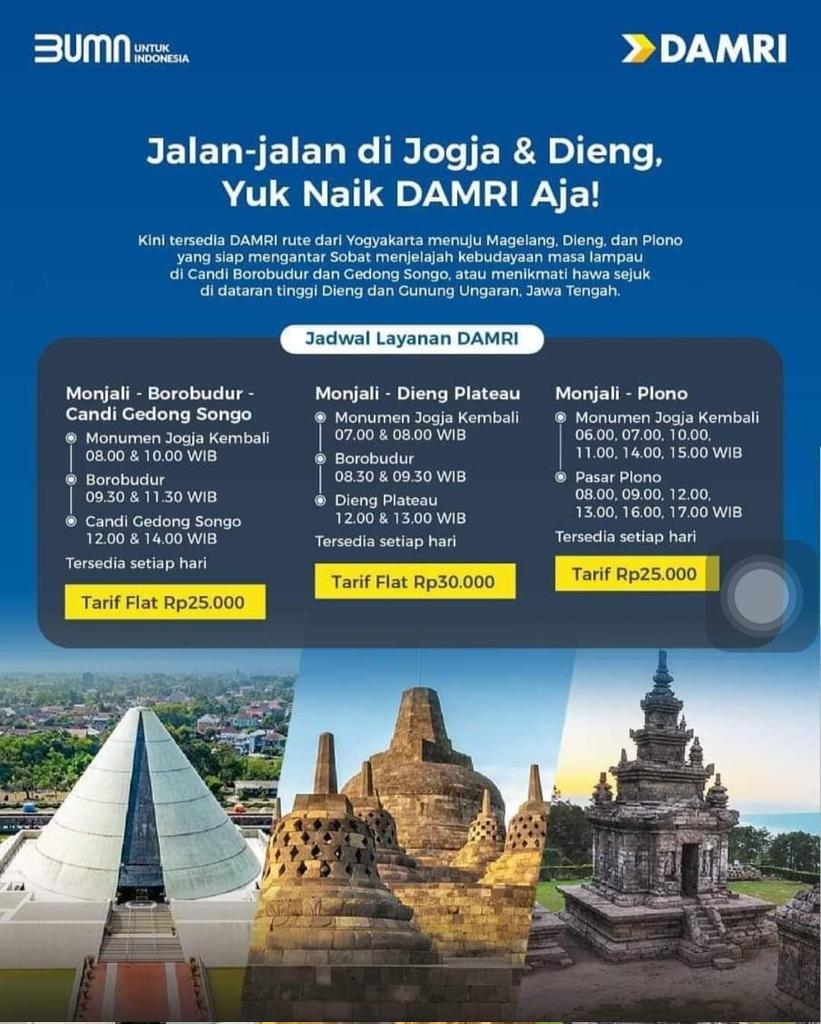 Jateng_Twit's tweet photo. I N F O

Sekarang jalan-jalan dari Yogyakarta ke Dieng Jawa Tengah dengan bus DAMRI  hanya Rp 30.000. DAMRI membangun akses bertransportasi. 

Terima kasih @DamriIndonesia https://t.co/tVg0pg5N8u